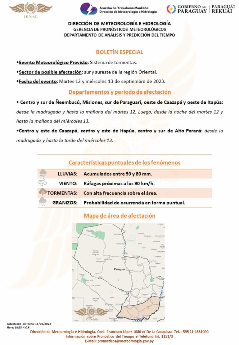 Boletín especial de Meteorología sobre la llegada de tormentas eléctricas. (Fuente DMH).