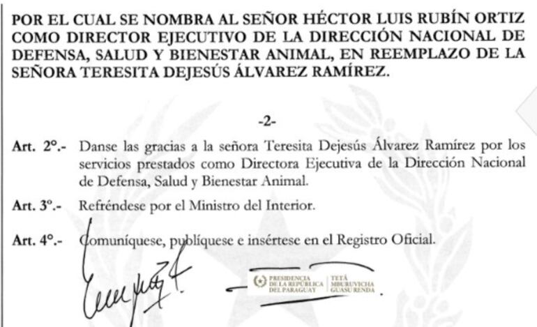 Parte del Decreto del presidente Peña donde se dan por finalizadas las funciones de Teresita DeJesús Álvarez.