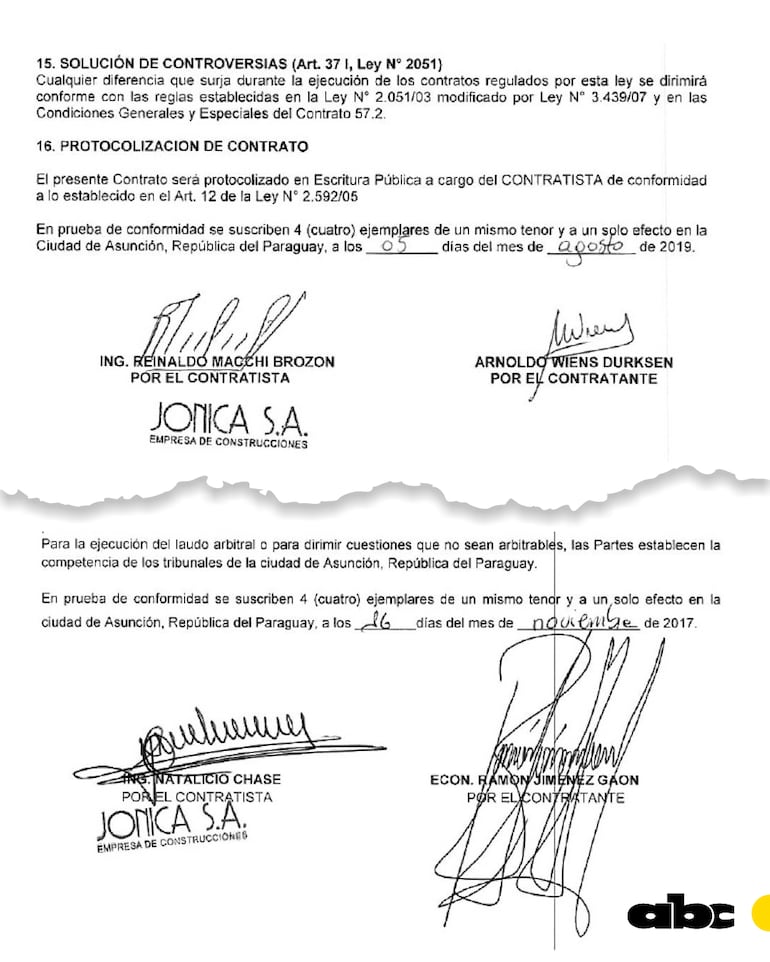 Tanto el senador, Natalicio Chase, como el Ing. Reinaldo Macchi, ya habían firmado contratos anteriormente con el MOPC.