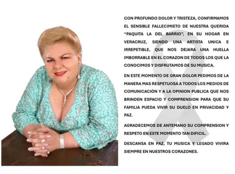 Comunicado de la familia de Paquita la del barrio, confirmando su muerte.