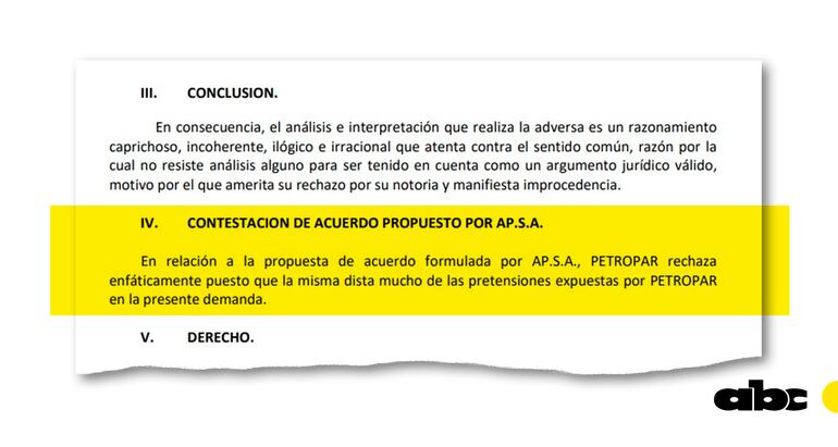 Escrito con el cual Petropar rechazó la propuesta de acuerdo de AP SA, de Andrea Lafarja.