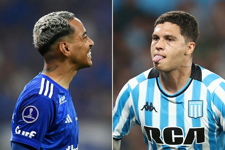 Esta combinación de imágenes de archivo creada el 9 de noviembre de 2024 muestra al mediocampista del Cruzeiro Matheus Pereira (izq.) y al mediocampista colombiano de Racing Juan Fernando Quintero.