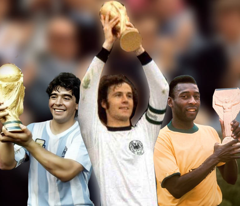 Diego Maradona, campeón mundial en 1986,  Beckenbauer (1974 como jugador y 1990 como técnico) y Pelé (1958, 1962 y 1970).