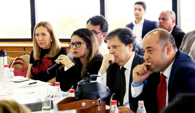 Cecilia Pérez (con micrófono) junto al Euclides Acevedo y los senadores   Zulma Gómez y  Arnaldo Franco.