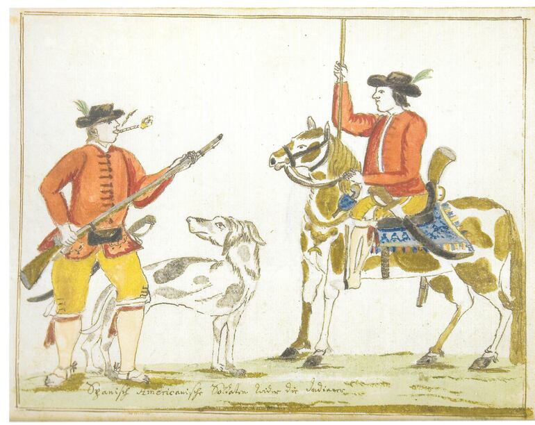 Un grabado de Florián Paucke en la que muestra a los conquistadores españoles con sus principales elementos, el caballo y el perro. Colección Herib Caballero Campos.