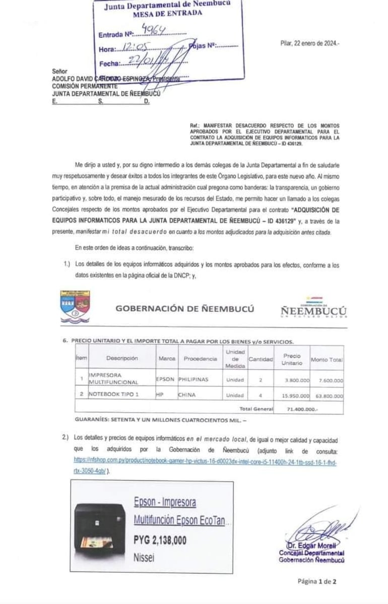 Un concejal departamental denunció que la gobernación de Ñeembucú adquirió 4 computadoras a un costo elevado, mayor que el precio actual del mercado.