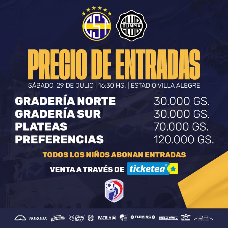 Los precios para el partido entre Sportivo Trinidense y Olimpia en el estadio Villa Alegre de Encarnación.