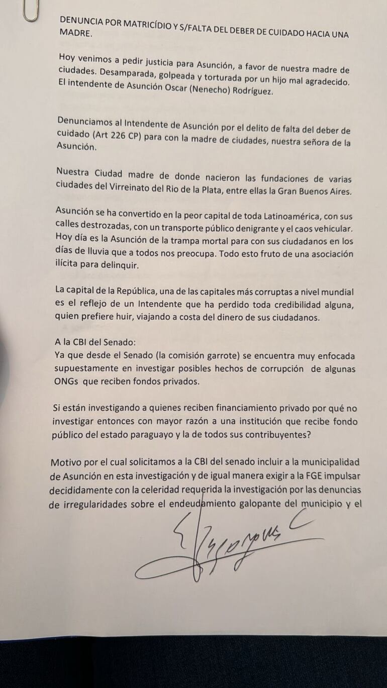 Carta escrita por el senador Salym Buzarquis