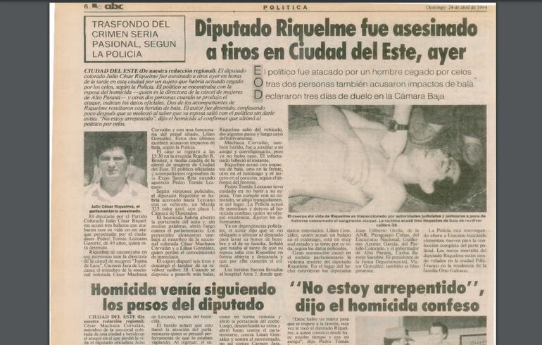 Edición del 24 de abril de 1994, sobre la muerte de un diputado.