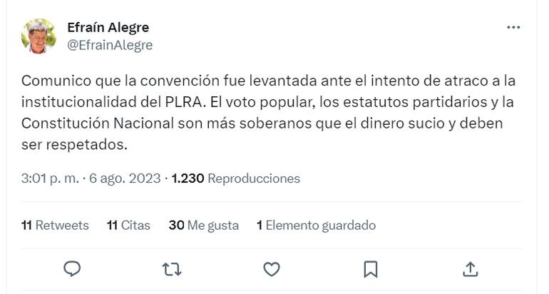 Tweet de Efraín Alegre sobre levantamiento de la convención del PLRA tras retirarse al oponerse a tratar el pedido de su separación del cargo de presidente.