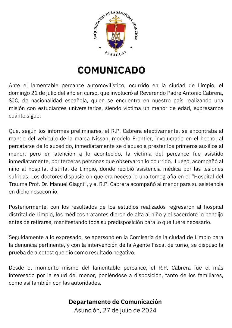 Arzobispado de Asunción se pronunció sobre el caso del cura párroco que atropelló a un niño de cinco años.