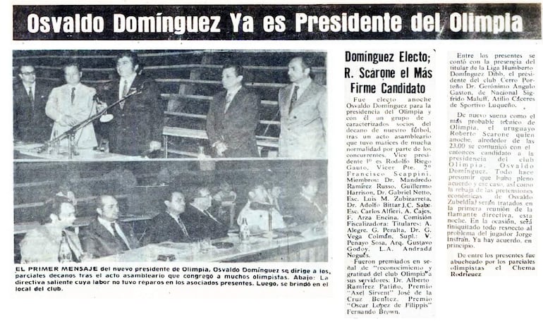 Publicación de ABC Color en referencia a la asunción de Julio Osvaldo Domínguez Dibb (en el centro) a la presidencia de Olimpia.