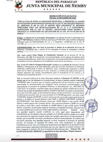 La resolución número uno de este año 2025 de la Junta Municipal de la ciudad de Ñemby en donde se insta al intendente a iniciar una acción de inconstitucionalidad contra la Ley N° 7447.