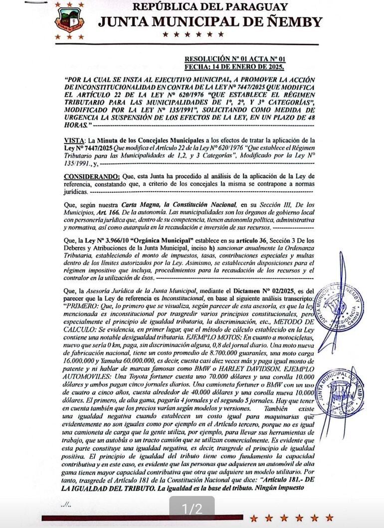 Ñemby: Junta Municipal insta al intendente a iniciar acción de inconstitucionalidad contra la Ley N° 7.447/25