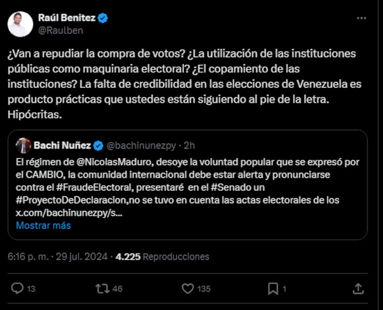 Respuesta de Raúl Benítez al senador Bachi Núñez.