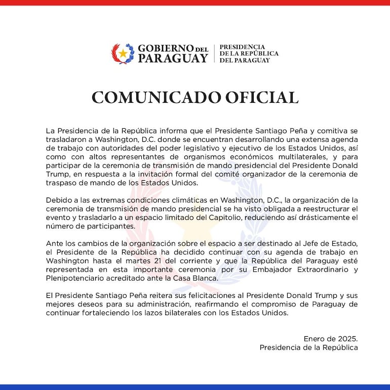 Comunicado presidencia sobre exclusión de asunción de mando de Donald Trump.