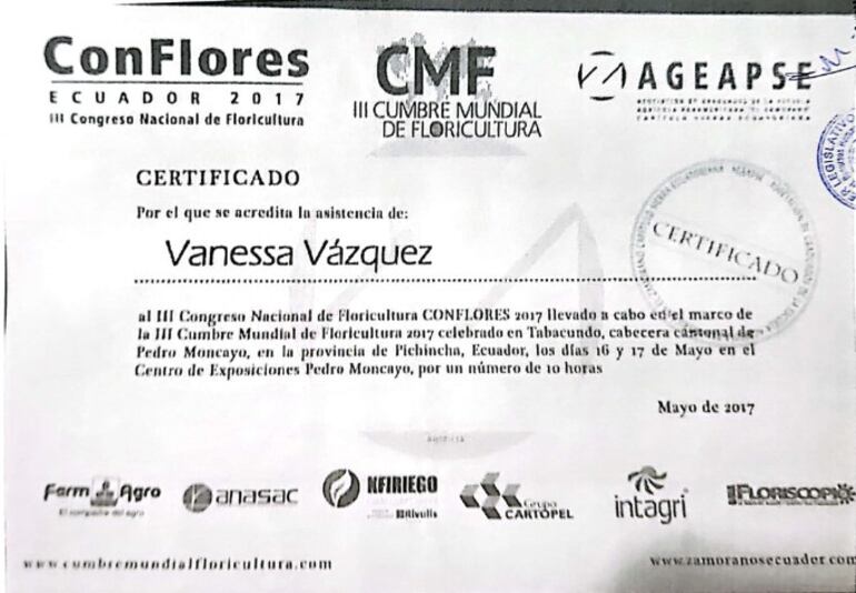 Certificado que adorna el curriculum Vanessa Vázquez González.