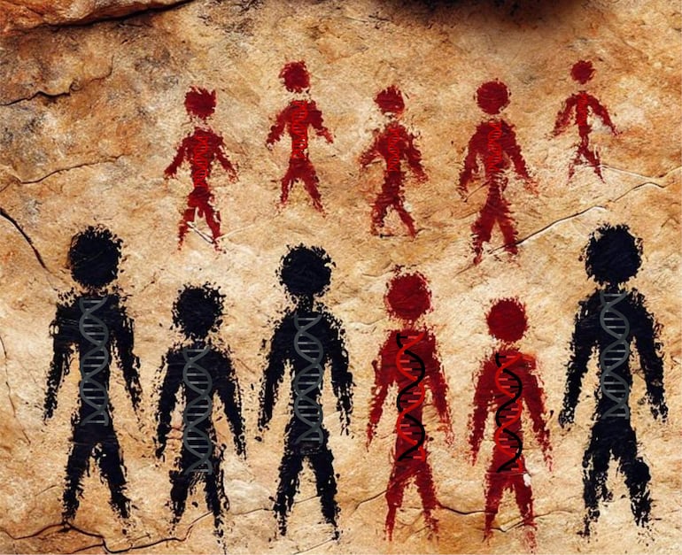 Ilustración de un encuentro entre un grupo de neandertales (negro) y un grupo de humanos modernos (rojo, fila superior) con descendientes que muestran una ascendencia neandertal reciente (rojo, fila inferior), imaginada como una pintura rupestre. El ADN de los huesos y dientes de estos primeros antepasados humanos está ayudando a los científicos a comprender las interacciones entre los primeros Homo sapiens y los neandertales que encontraron tras emigrar de África. 