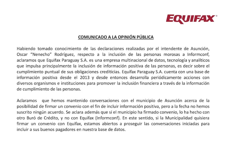 Comunicado de Equifax Paraguay S.A. (Informconf).