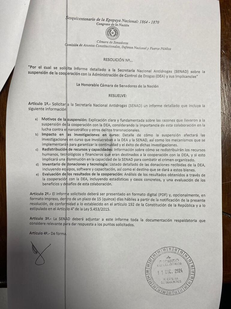 Pedido de informe desde el Senado, a la Secretaría Nacional Antidrogas (Senad) sobre ruptura de cooperación con la DEA.