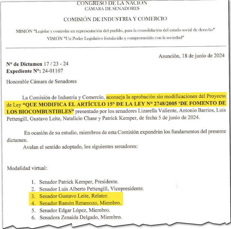 Dictamen presentado con la firma de Leite para apoyar el proyecto que él mismo impulsó.