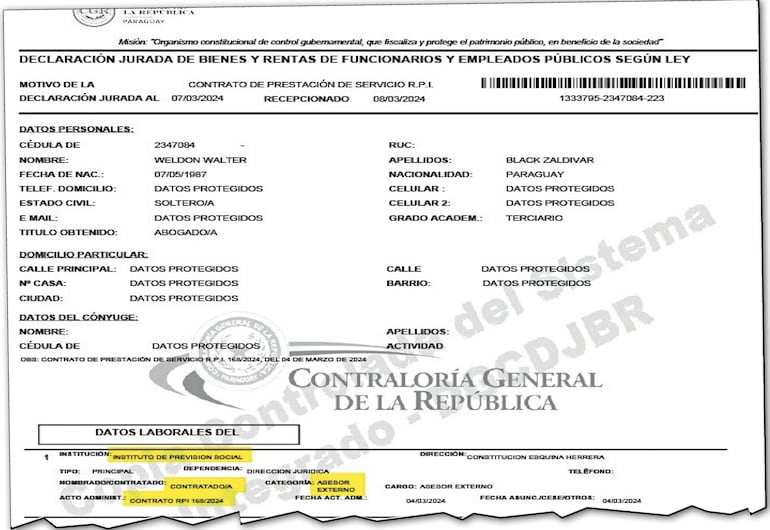 En su  declaración jurada,  Weldon Black  confirma que fue contratado como “asesor externo” de IPS el pasado 4 de marzo.