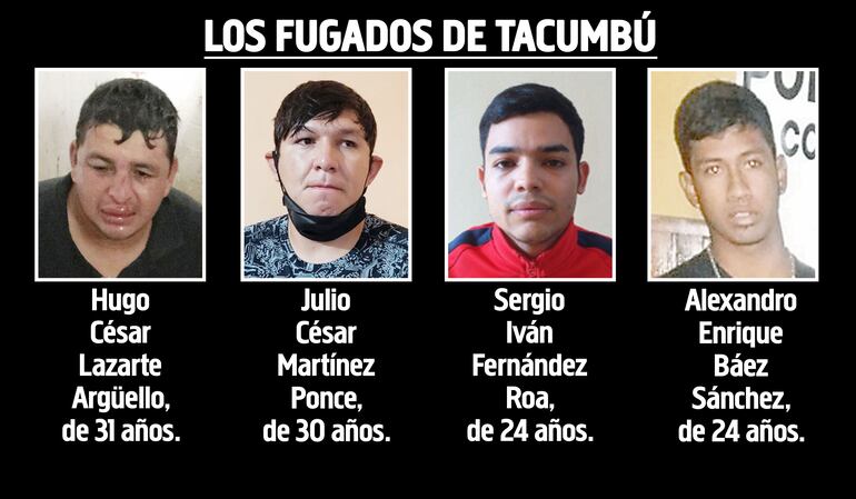 Hugo César Lazarte Argüello, supuesto sicario fugado. Julio César Martínez Ponce, supuesto asaltante fugado. Sergio Iván Fernández Roa, supuesto asaltante fugado. Alexandro Enrique Báez Sánchez, supuesto asaltante fugado.