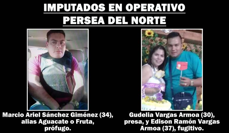 Marcio Ariel Sánchez Giménez, alias Aguacate o Fruta, prófugo. Gudelia Vargas Armoa, presa, y Edison Ramón Vargas Armoa, fugitivo.