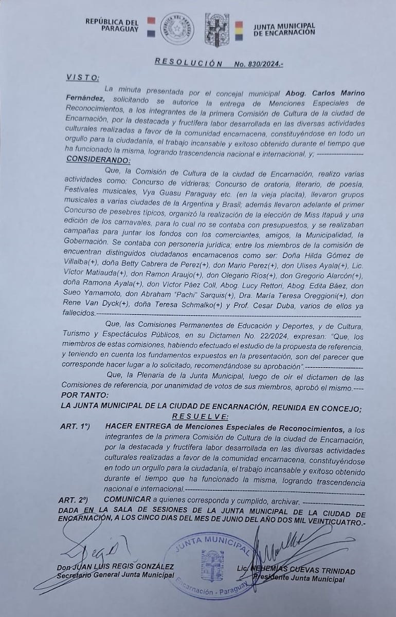 Resolución de la Junta Municipal por la cual se otorga una distinción a la primera Comisión de Cultura que activó en la ciudad, hace más de cuatro décadas.