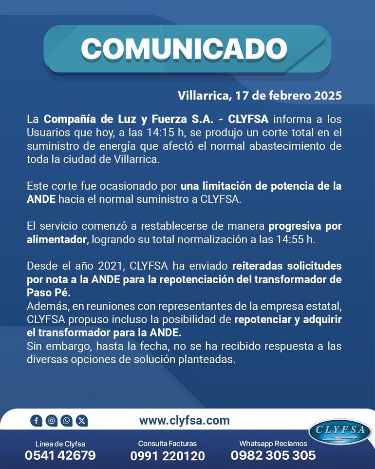 Comunicado de CLYFSA sobre apagón en Villarrica y problemas con la ANDE.