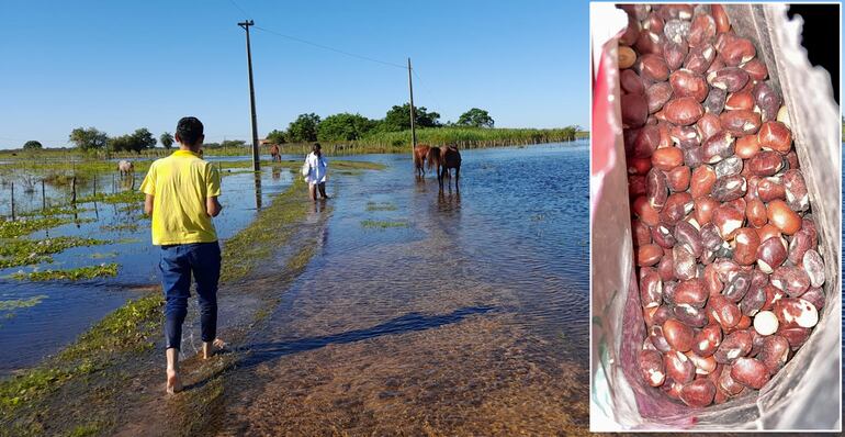 A la derecha, personas afectadas por las inundaciones en San Juan Ñeembucú. A la derecha, víveres en mal estado que había entregado el Gobierno.