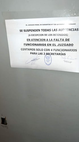 La suspensión de audiencias en el juzgado penal de garantías N° 1 de Lambaré, "rige" a partir de mañana y es por tiempo indefinido.