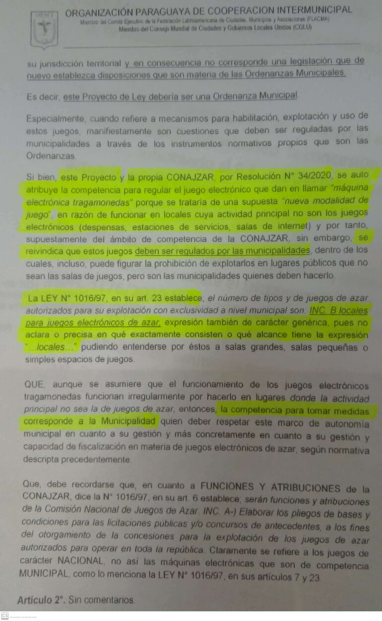 Facsímil del dictamen de la Opaci en el que confirma que la resolución de Conajzar viola la autonomía municipal.