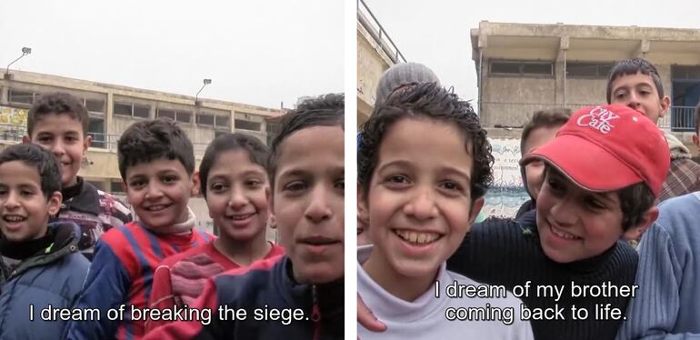 Sueños de niños: "Yo sueño con romper el bloqueo", "Yo sueño que mi hermano vuelve a la vida".
Del documental "Little Palestine; Diary of a Siege" (2021), dirigido por Abdallah Al Khatib.