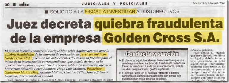 Publicación periodísticas sobre la quiebra fraudulenta de la empresa Golden Cross, vinculada a Francisco Maioli.