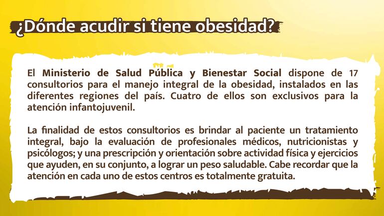 Hay solo 17 consultorios para el manejo integral de la obesidad, instalados en las diferentes regiones del país. Cuatro de ellos son exclusivos para la atención infantojuvenil.