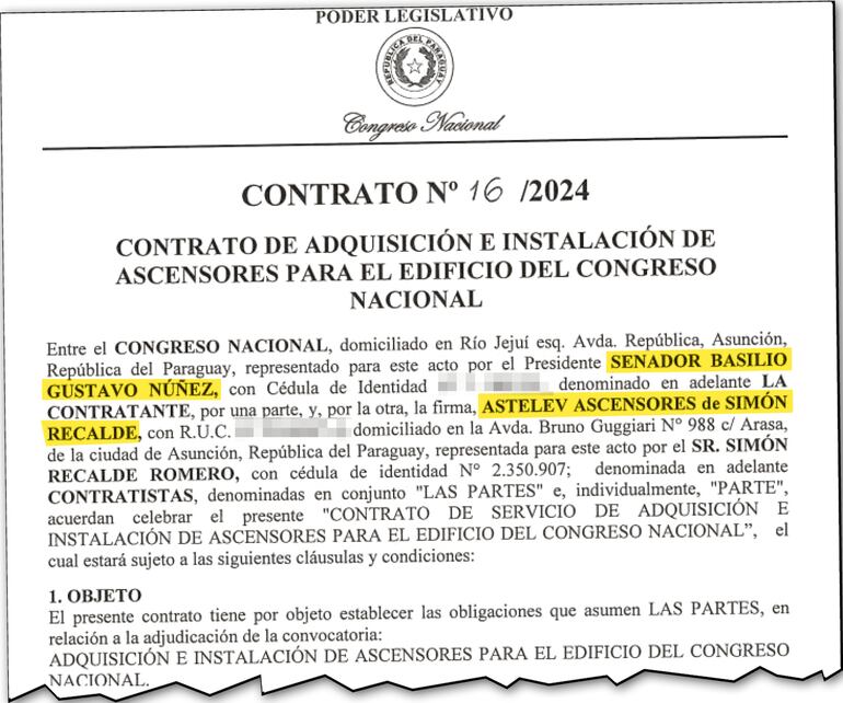 Encabezado del millonario contrato firmado por el presidente del Congreso el 2 de octubre pasado.