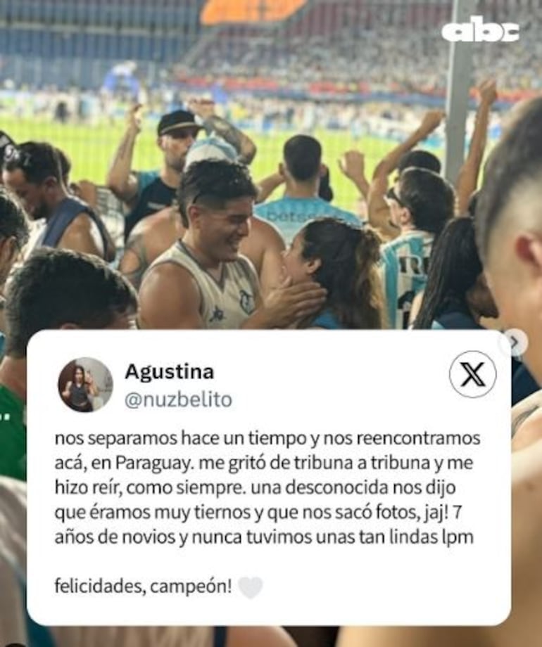 Instagram de ABC Color, en el que posteo las expresiones de Agustina, la hincha argentina que tuvo un reencuentro en la final de la Sudamericana.