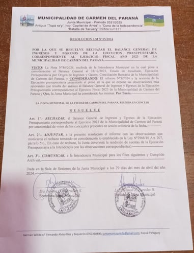 Resolución de la Junta Municipal por la cual rechaza el balance de ejecución del año fiscal 2023 del intendente Germán Gneiting Rodríguez (colorado cartista).