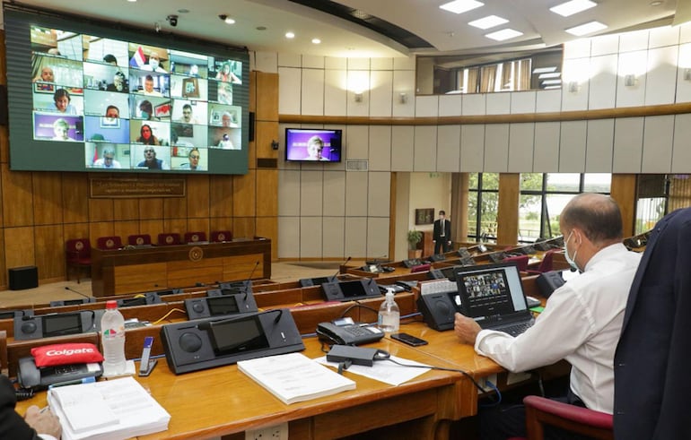 Sesión virtual de la Cámara de Senadores presidida por Óscar Salomón (ANR, Añetete).