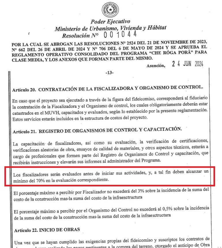 La Resolución N°1072 que aprueba la clasificacion de los fiscalizadores en dos categorías reporta que es cumplimiento al artículo 21 del reglamento. En el mismo no se aprecia una discriminación de los profesionales. No respondió al respecto el ministro Juan Carlos Baruja.