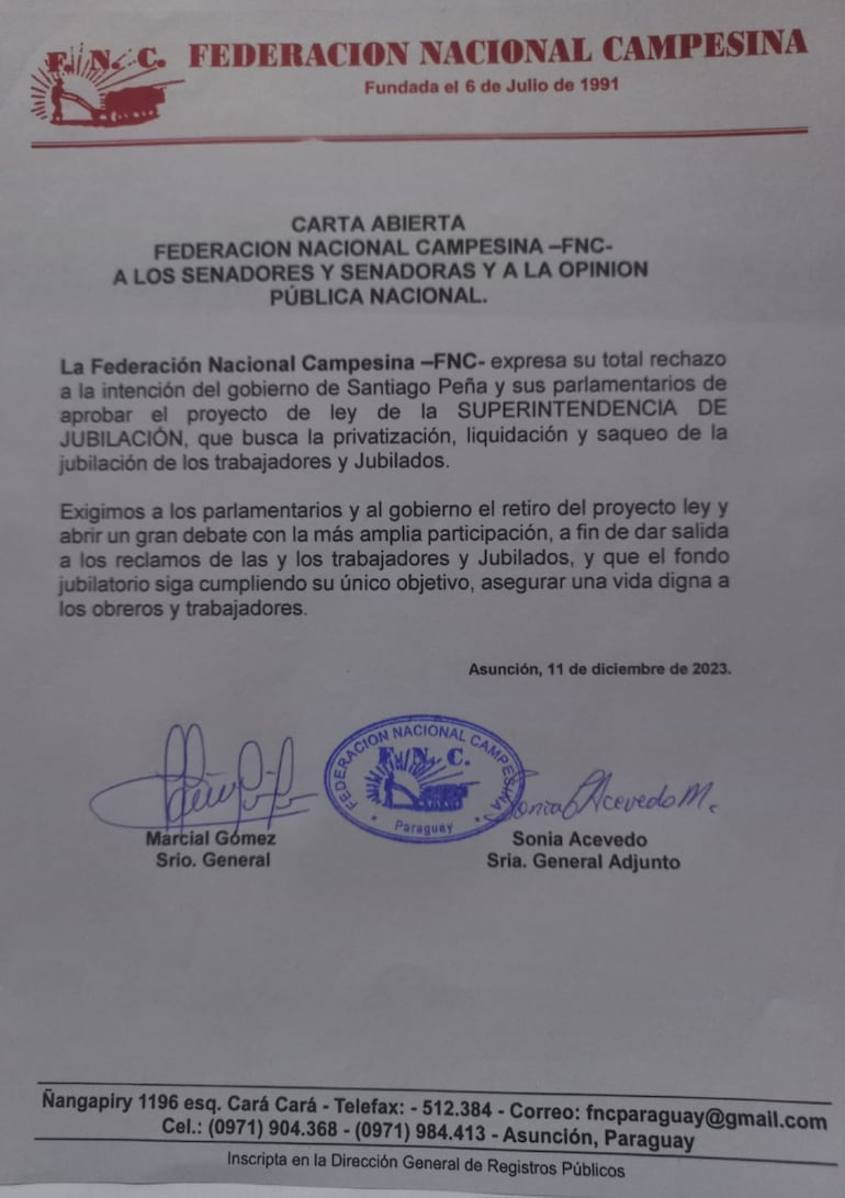 Carta abierta de la FNC, contra la Superintendencia de Jubilaciones y Pensiones.