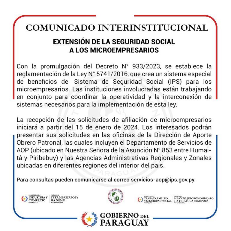 Comunicado de IPS sobre habilitación de inscripción de propietarios de microempresas para acceder al seguro social.