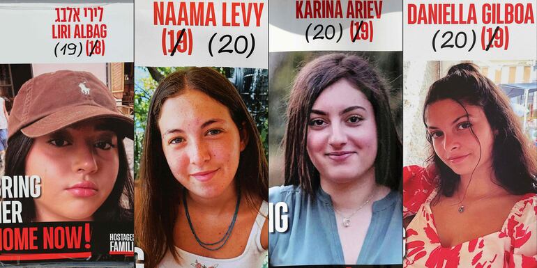 Liri Albag, Naama Levy, Karina Ariev y Daniela Gilboa, detenidas en la Franja de Gaza desde el ataque del 7 de octubre de 2023 por parte de militantes de Hamás.