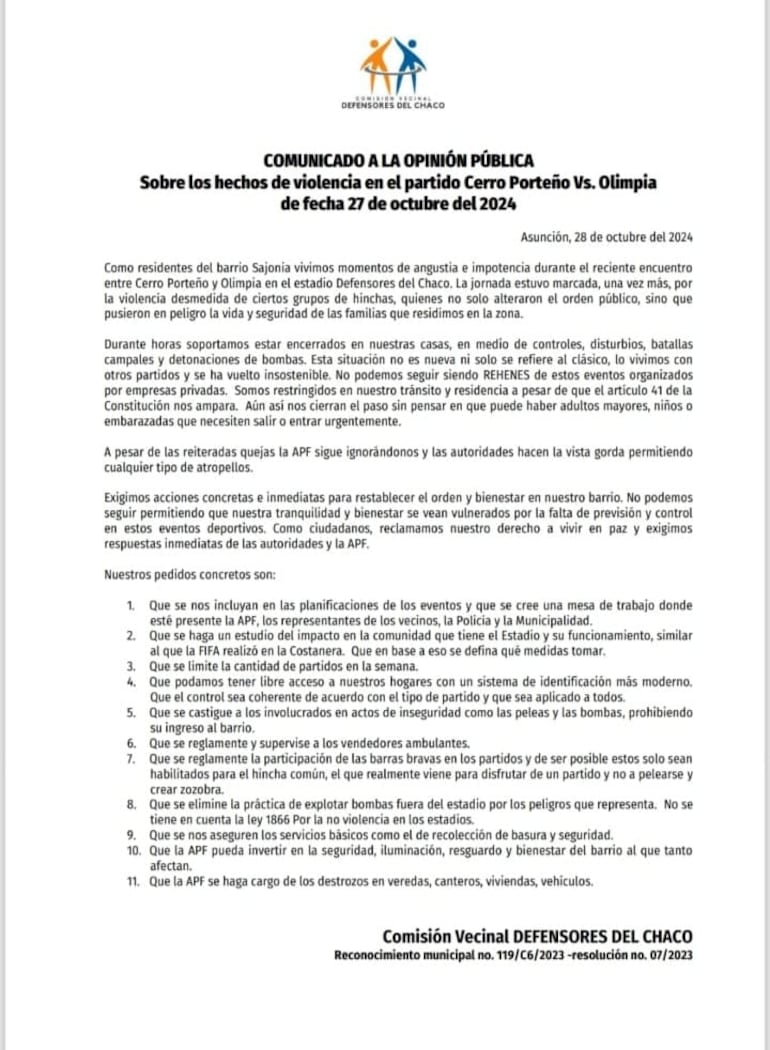 Comunicado público de la Comisión Vecinal Defensores del Chaco ante los nuevos hechos de violencia registrados durante el super clásico entre Cerro Porteño y Olimpia.