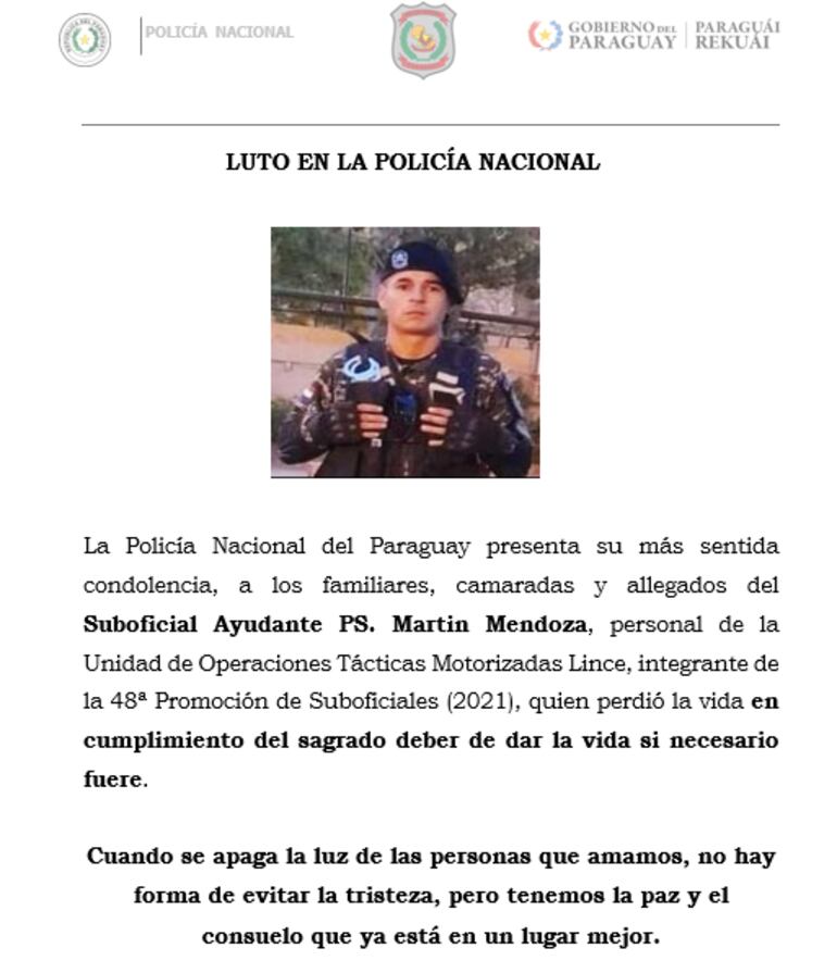 Mensaje de la Policía Nacional por el fallecimiento del Suboficial Ayudante 1S. Martín Mendoza.