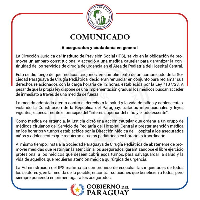 Comunicado emitido hoy en relación al amparo constitucional promovido por la Dirección Jurídica del IPS.