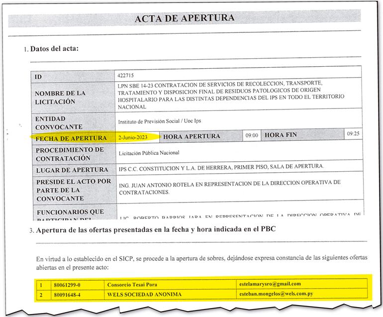 Acta de apertura con fecha 2 de junio de 2023 y  publicada en el portal web de la Dirección Nacional de Contrataciones Públicas.