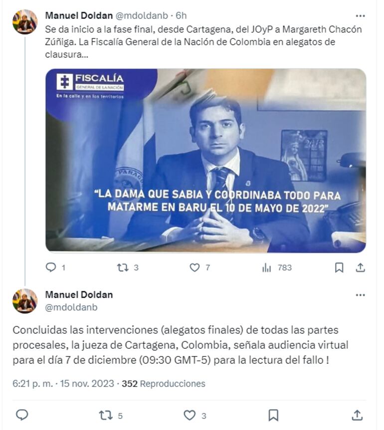 Manuel Doldán publicó fecha de lectura de fallo del juicio contra Margaret Chacón en el caso Marcelo Pecci.