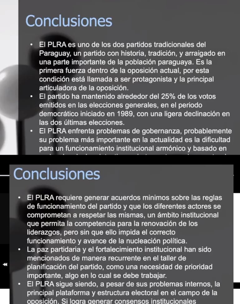 Cuadro de las conclusiones del estudio y taller sobre la situación del PLRA, encargado a una consultora.